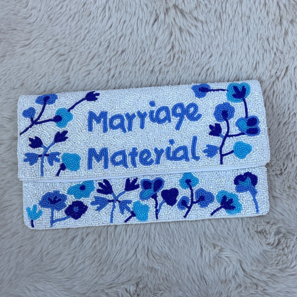 White Beaded 'Marriage Material' Floral Clutch